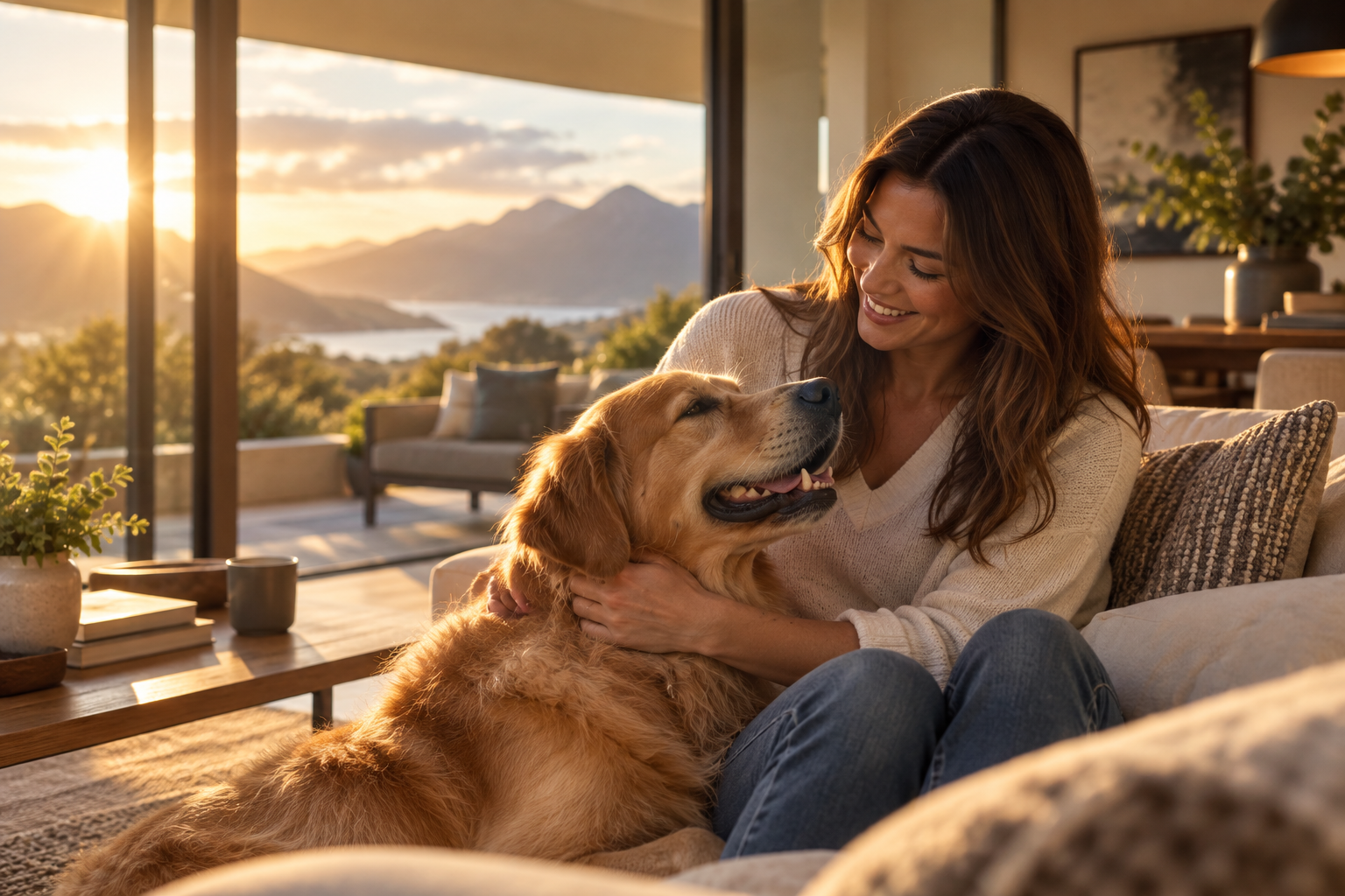 Woman with dog at home